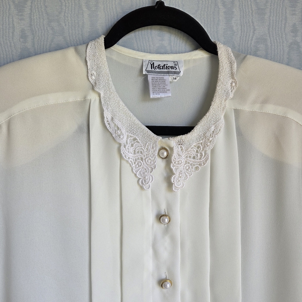 Vintage Notations Blouse 14 Ivory Sheer Lace Collar‎ Twee Victorian Goth Vamp - Picture 3 of 9
